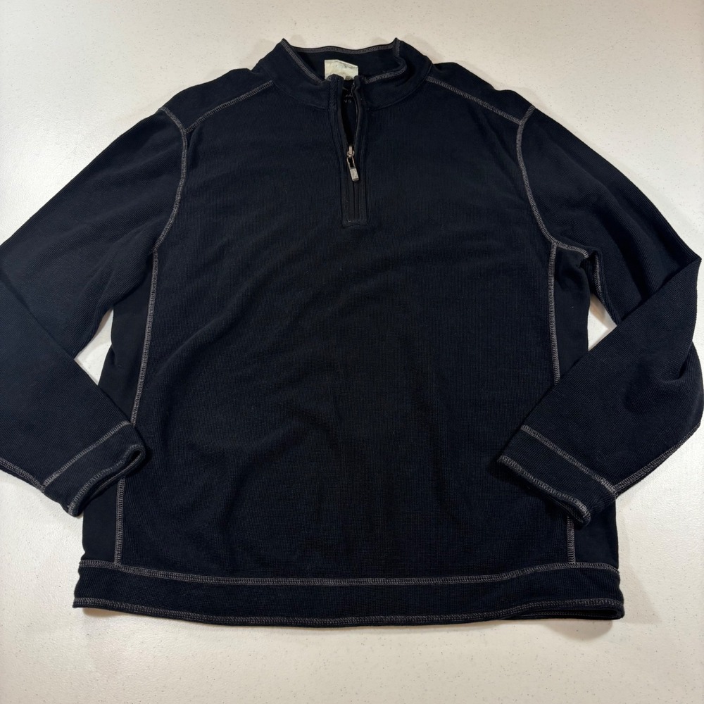 Tommy Bahama Jeans Mens Reversible Quarter Zip Pullover Black Waffle Knit Large
